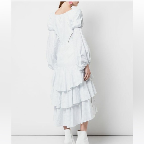 Jonathan Simkhai gingham poplin white plaid high low ruffle dress puff sleeves - Picture 6 of 11